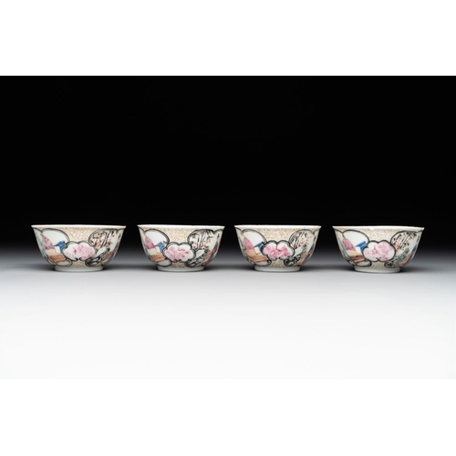 224 - Six Chinese Canton famille rose 'mandarin subject' cups and seven saucers, Yongzheng/QianlongDia.: 1... 