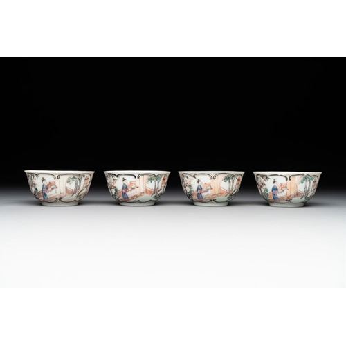 224 - Six Chinese Canton famille rose 'mandarin subject' cups and seven saucers, Yongzheng/QianlongDia.: 1... 