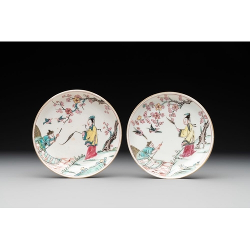 230 - A pair of Chinese famille rose 'beloved by the river' cups and saucers, YongzhengDia.: 12,5 cm (the ... 