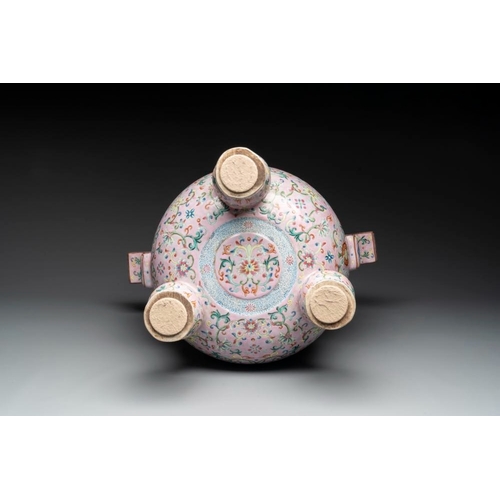 244 - A large and impressive Chinese famille rose 'bajixiang and lotus scroll' censer with a wooden cover,... 