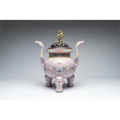 244 - A large and impressive Chinese famille rose 'bajixiang and lotus scroll' censer with a wooden cover,... 