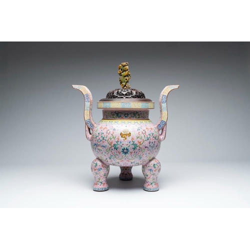 244 - A large and impressive Chinese famille rose 'bajixiang and lotus scroll' censer with a wooden cover,... 