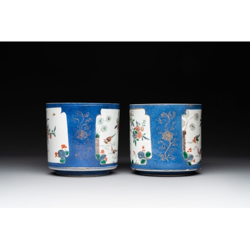 25 - A pair of Chinese powder blue-ground famille verte vessels with a bird in a garden, KangxiH.: 12 cm... 