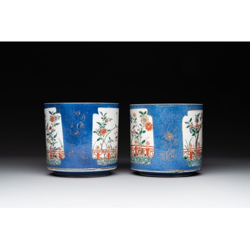 25 - A pair of Chinese powder blue-ground famille verte vessels with a bird in a garden, KangxiH.: 12 cm... 