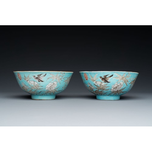 260 - A pair of Chinese 'Da Ya Zhai ' turquoise-ground grisaille bowls, Yong Qing Chang Chun  mark, Guangx... 