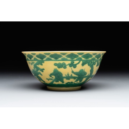 261 - An imperial Chinese green-enamelled yellow-ground 'playing boys' bowl, Yongzheng mark and of the per... 