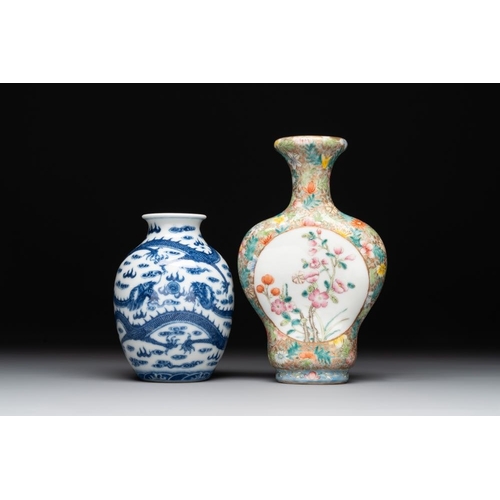 273 - A Chinese blue and white 'dragon' vase, a famille rose 'millefleurs' vase and a teapot, Qianlong mar... 