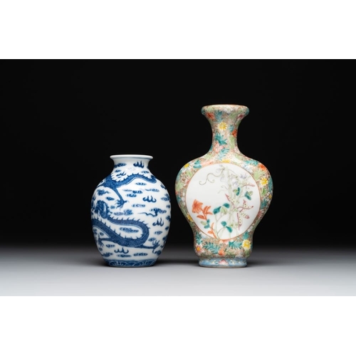 273 - A Chinese blue and white 'dragon' vase, a famille rose 'millefleurs' vase and a teapot, Qianlong mar... 