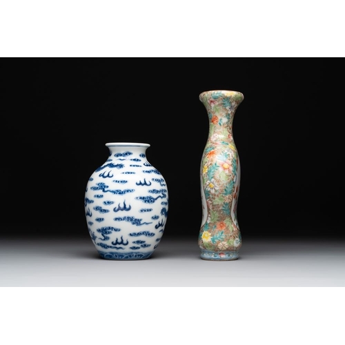 273 - A Chinese blue and white 'dragon' vase, a famille rose 'millefleurs' vase and a teapot, Qianlong mar... 