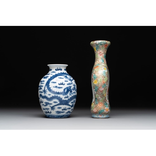 273 - A Chinese blue and white 'dragon' vase, a famille rose 'millefleurs' vase and a teapot, Qianlong mar... 