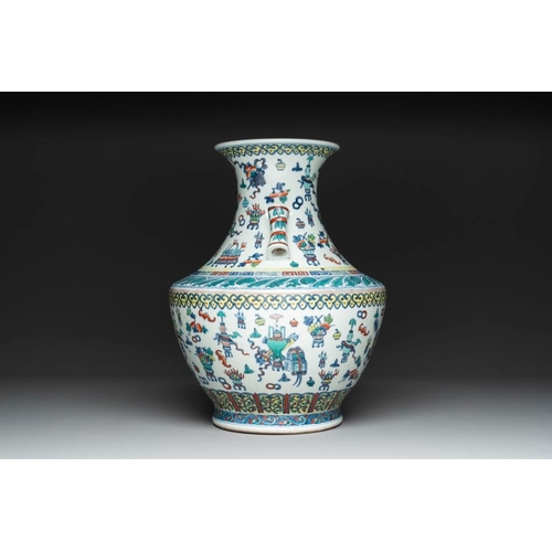 274 - A Chinese doucai 'antiquities' 'hu' vase, Qianlong mark, 19th C.H.: 43 cm