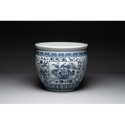 281 - A large Chinese blue and white fish bowl with birds, deer, insects and flowering branches, 19th C.Di... 