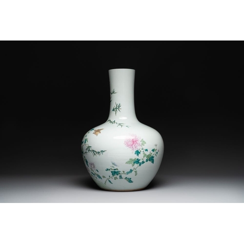 285 - A large Chinese famille rose 'quails and chrysanthemum' 'tianqiu ping' vase, Qianlong mark, 19th C.H... 