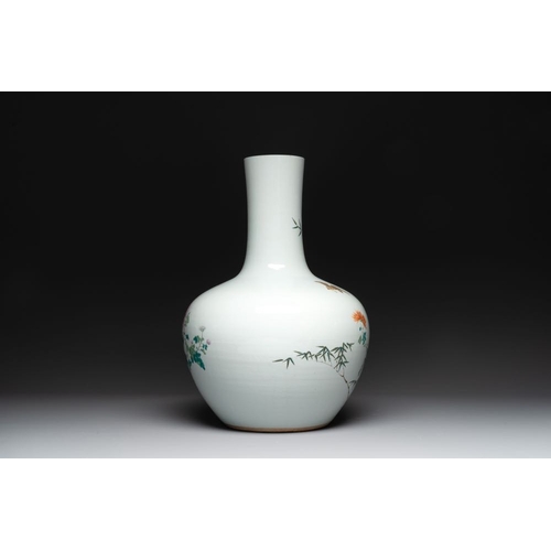 285 - A large Chinese famille rose 'quails and chrysanthemum' 'tianqiu ping' vase, Qianlong mark, 19th C.H... 