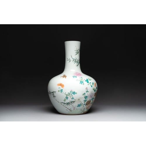 285 - A large Chinese famille rose 'quails and chrysanthemum' 'tianqiu ping' vase, Qianlong mark, 19th C.H... 