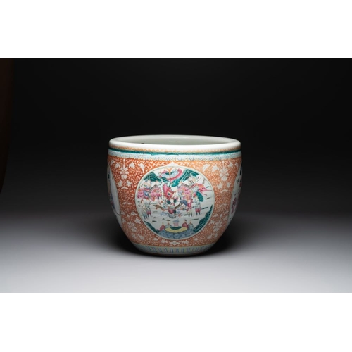 287 - A large Chinese famille rose coral-red-ground fish bowl with narrative design, 19th C.Dia.: 53 cm - ... 