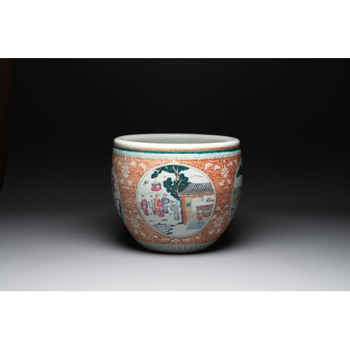 287 - A large Chinese famille rose coral-red-ground fish bowl with narrative design, 19th C.Dia.: 53 cm - ... 