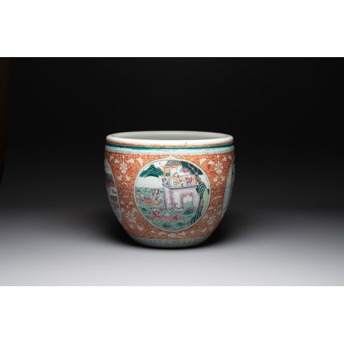 287 - A large Chinese famille rose coral-red-ground fish bowl with narrative design, 19th C.Dia.: 53 cm - ... 