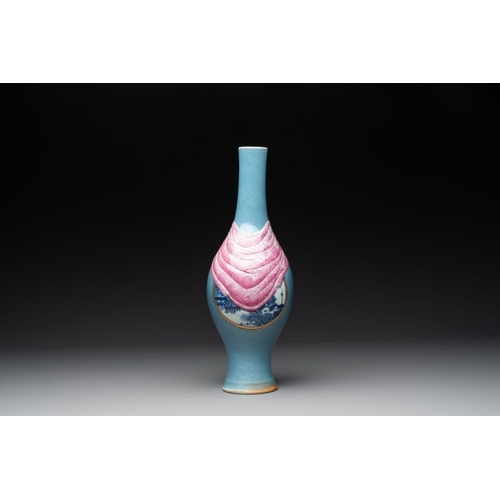 293 - A rare Chinese blue, white and famille rose vase with landscape design, Guangxu mark, dated 1908H.: ... 