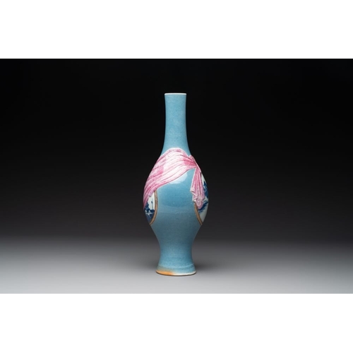 293 - A rare Chinese blue, white and famille rose vase with landscape design, Guangxu mark, dated 1908H.: ... 