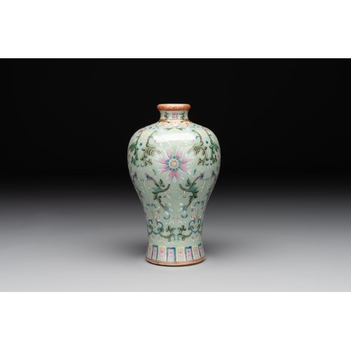 298 - A Chinese celadon-ground famille rose 'meiping' 'flower scroll' vase, Qianlong mark and of the perio... 