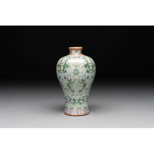 298 - A Chinese celadon-ground famille rose 'meiping' 'flower scroll' vase, Qianlong mark and of the perio... 