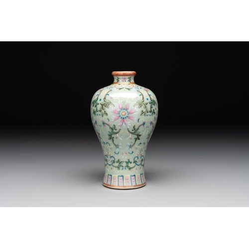 298 - A Chinese celadon-ground famille rose 'meiping' 'flower scroll' vase, Qianlong mark and of the perio... 