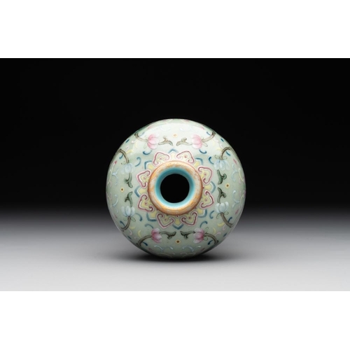 298 - A Chinese celadon-ground famille rose 'meiping' 'flower scroll' vase, Qianlong mark and of the perio... 