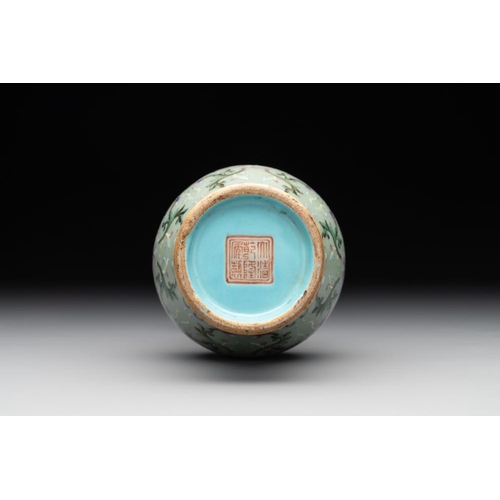 298 - A Chinese celadon-ground famille rose 'meiping' 'flower scroll' vase, Qianlong mark and of the perio... 