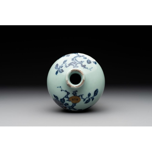 299 - A rare Chinese blue, white and iron-red celadon-ground 'pomegranate' 'meiping' vase, Qianlong mark a... 