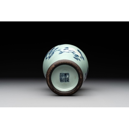 299 - A rare Chinese blue, white and iron-red celadon-ground 'pomegranate' 'meiping' vase, Qianlong mark a... 