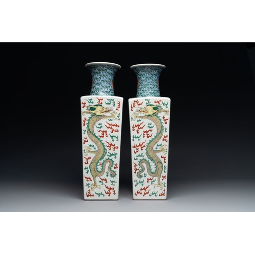 307 - A pair of Chinese famille verte 'dragon' vases and wooden stands, Chenghua mark, 19th C.H.: 58 cm (i... 