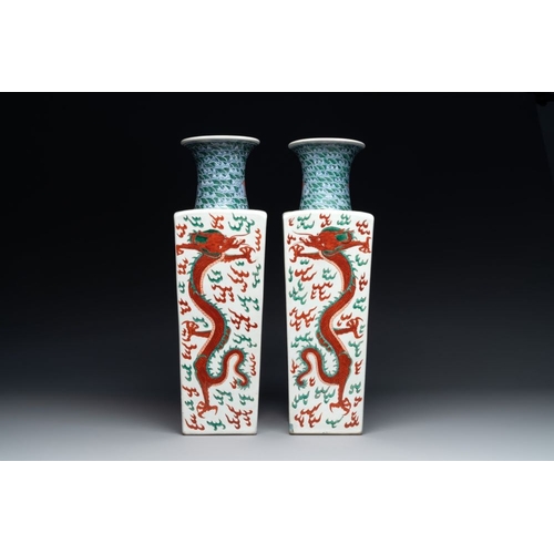 307 - A pair of Chinese famille verte 'dragon' vases and wooden stands, Chenghua mark, 19th C.H.: 58 cm (i... 