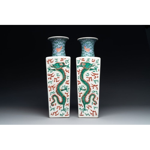 307 - A pair of Chinese famille verte 'dragon' vases and wooden stands, Chenghua mark, 19th C.H.: 58 cm (i... 