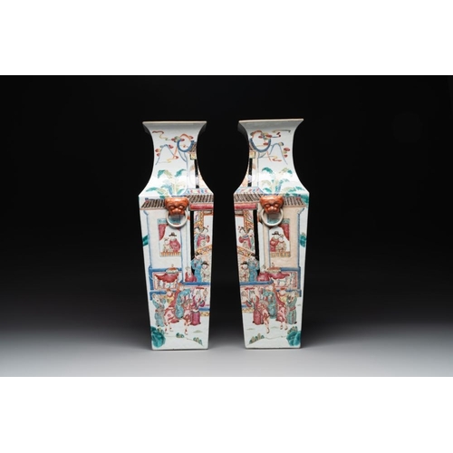 308 - A pair of square Chinese famille rose vases with narrative design, 19th C.H.: 57 cm... 