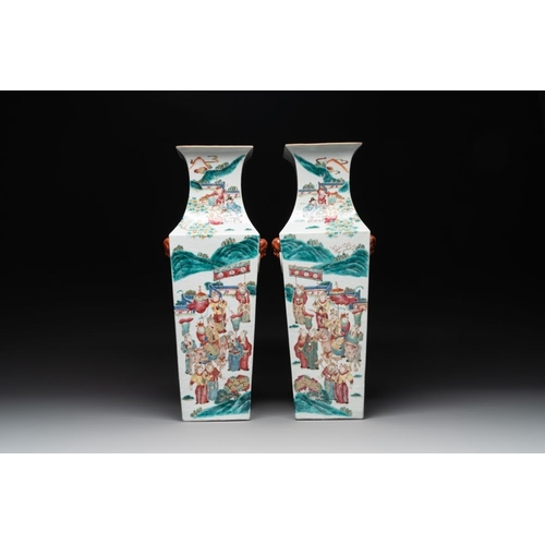 308 - A pair of square Chinese famille rose vases with narrative design, 19th C.H.: 57 cm... 