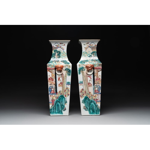 308 - A pair of square Chinese famille rose vases with narrative design, 19th C.H.: 57 cm... 