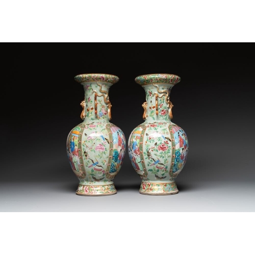 310 - A pair of Chinese Canton famille rose celadon-ground 'court scene' vases, 19th C.H.: 43 cm... 