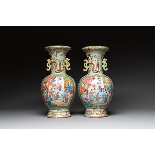 310 - A pair of Chinese Canton famille rose celadon-ground 'court scene' vases, 19th C.H.: 43 cm... 