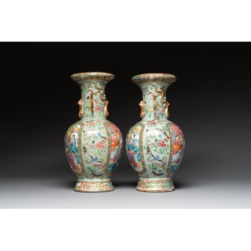 310 - A pair of Chinese Canton famille rose celadon-ground 'court scene' vases, 19th C.H.: 43 cm... 