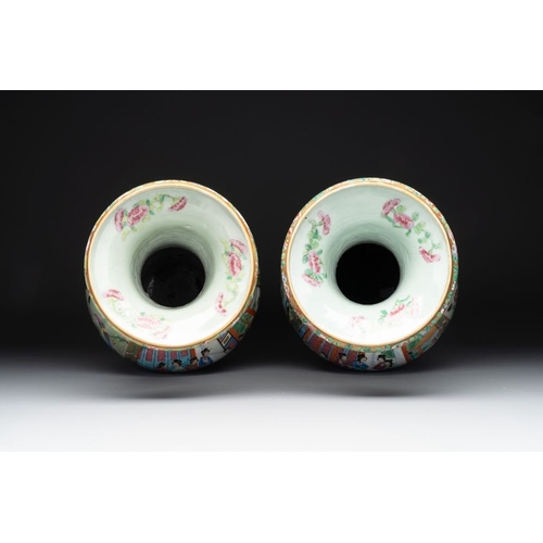 310 - A pair of Chinese Canton famille rose celadon-ground 'court scene' vases, 19th C.H.: 43 cm... 