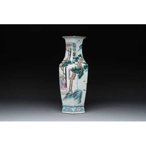 319 - A Chinese Canton famille rose hexagonal vase with narrative design, 19th C.H.: 44 cm... 