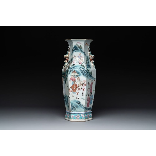 319 - A Chinese Canton famille rose hexagonal vase with narrative design, 19th C.H.: 44 cm... 