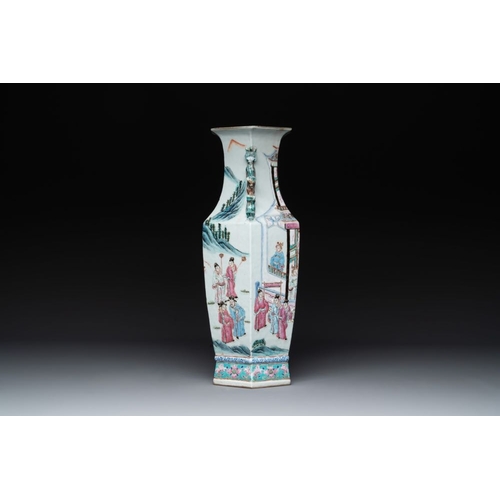 319 - A Chinese Canton famille rose hexagonal vase with narrative design, 19th C.H.: 44 cm... 