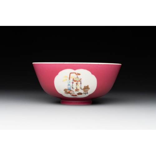 333 - A Chinese famille rose ruby-ground 'antiquities' bowl, Jiang Xi Ci Ye Gong Si mark, RepublicDia.: 14... 