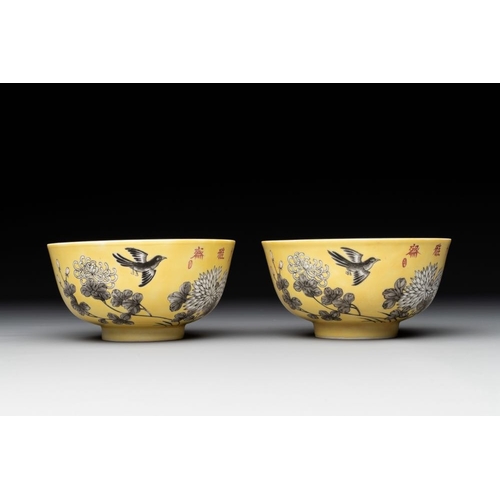 335 - A pair of Chinese 'Da Ya Zhai ' yellow-ground grisaille bowls, Yong Qing Chang Chun  mark, 20th C.Di... 