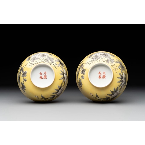 335 - A pair of Chinese 'Da Ya Zhai ' yellow-ground grisaille bowls, Yong Qing Chang Chun  mark, 20th C.Di... 