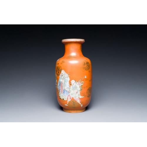 336 - A Chinese famille rose coral-red-ground 'immortals' rouleau vase, Qianlong mark, RepublicH.: 28 cm... 