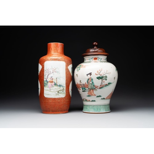 342 - A Chinese famille rose coral-red-ground vase and a famille verte vase, 19th C.H.: 39,7 cm (thefamill... 