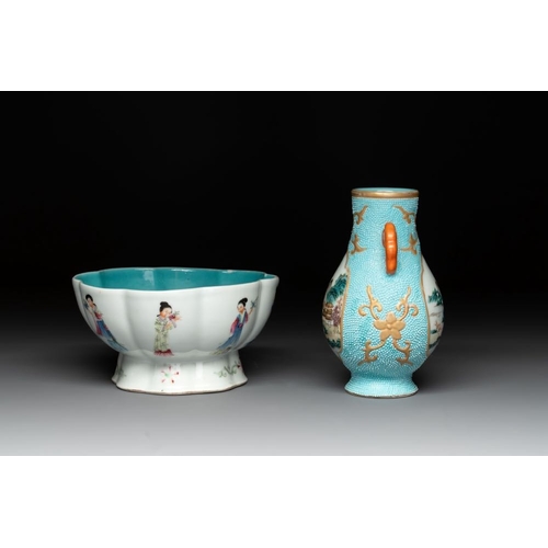 345 - A Chinese famille rose turquoise-ground 'hu' vase and a 'ladies' bowl, Qianlong mark, RepublicL.: 14... 